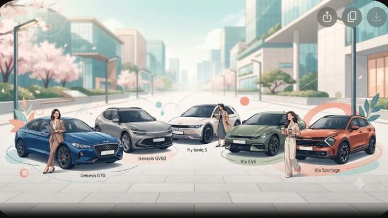 Современная иллюстрация премиальных автомобилей из Кореи для женщин в светлых тонах для блога